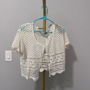 by design White Crochet Ramie Short Sleeve Cropped Button Blouse Size M